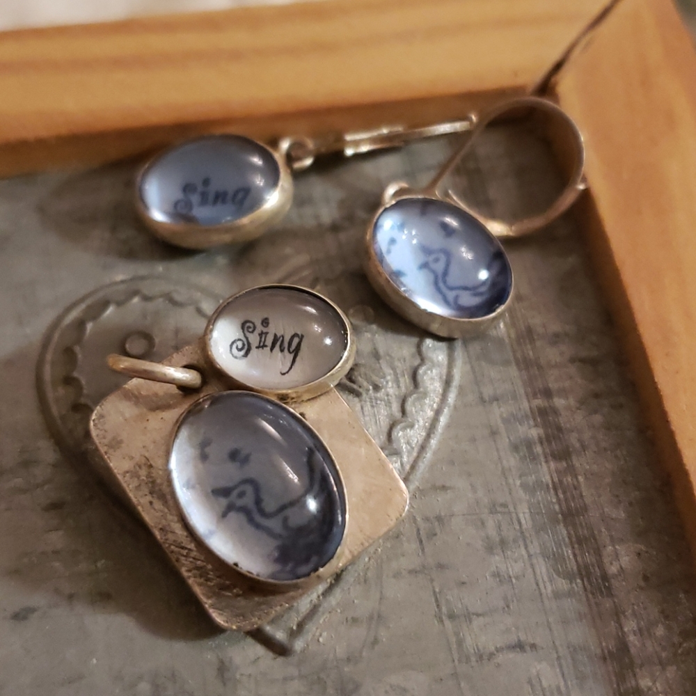 Artist Made "Sing" Songbird Pendant and Earrings